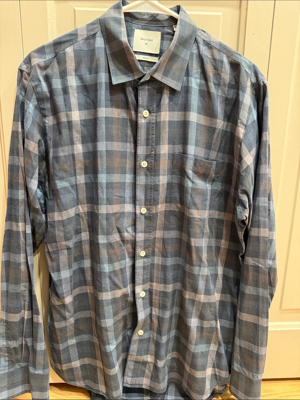 Billy Reid Gray and Blue Plaid Long-Sleeve Button-Up Shirt